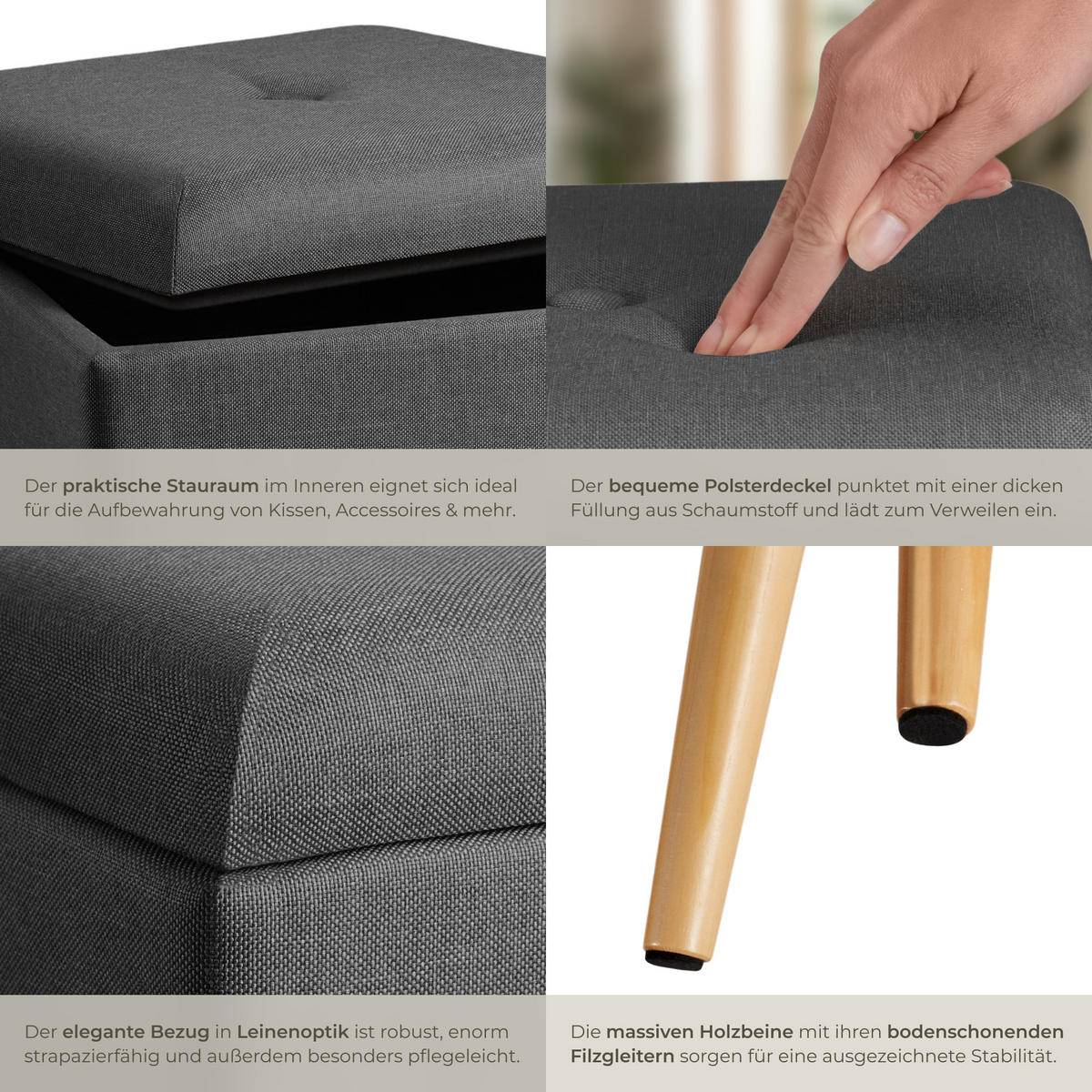 SITZHOCKER mit Stauraum Elva,32,5 x 32,5 x 36,5 cm,dunkelgrau - Dunkelgrau, Holz (32.5/36.5/32.5cm) - tectake