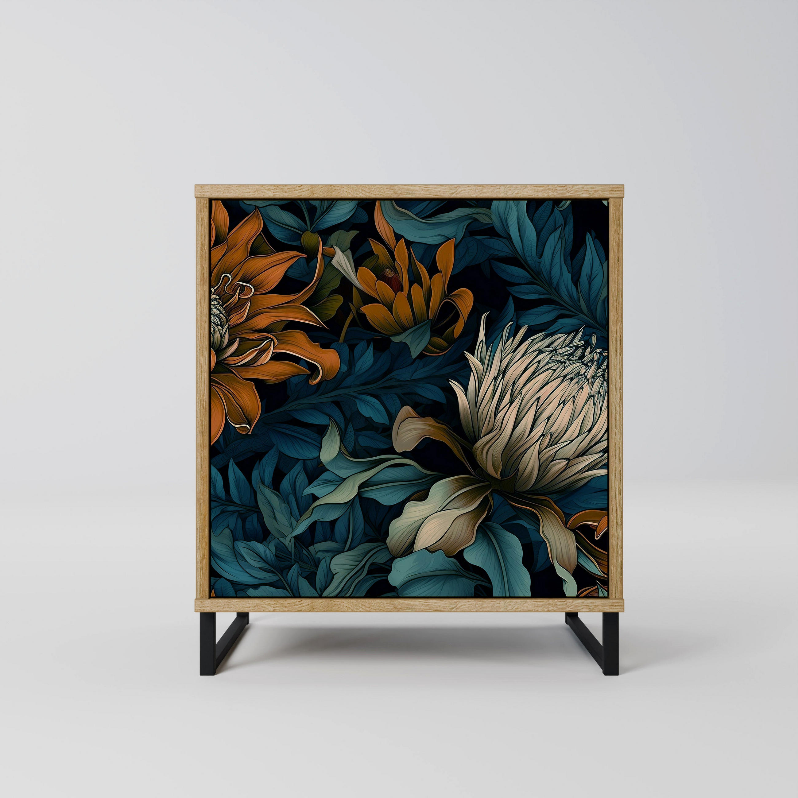 SIDEBOARD MORNING BLOOM, Eichefarben, 57,5x42x67,5 cm, Schwarze Metall-Rahmenfüße - Eichefarben/Multicolor, Holzwerkstoff/Metall (57.5/67.5/42cm) - SpaceRebels