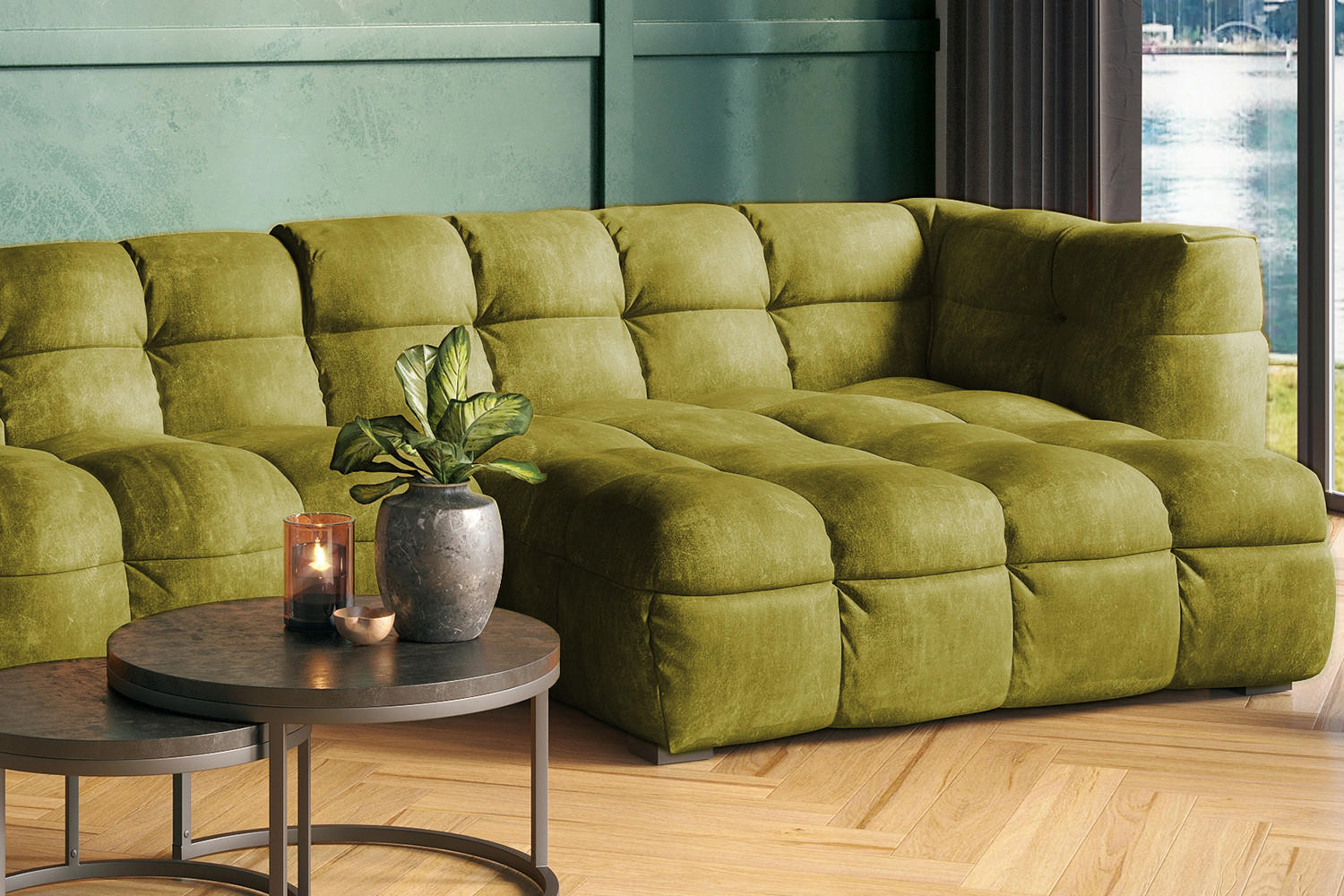 ECKSOFA RIO Grün Velvet - Schwarz/Grün, Textil (319/170cm) - KAWOLA