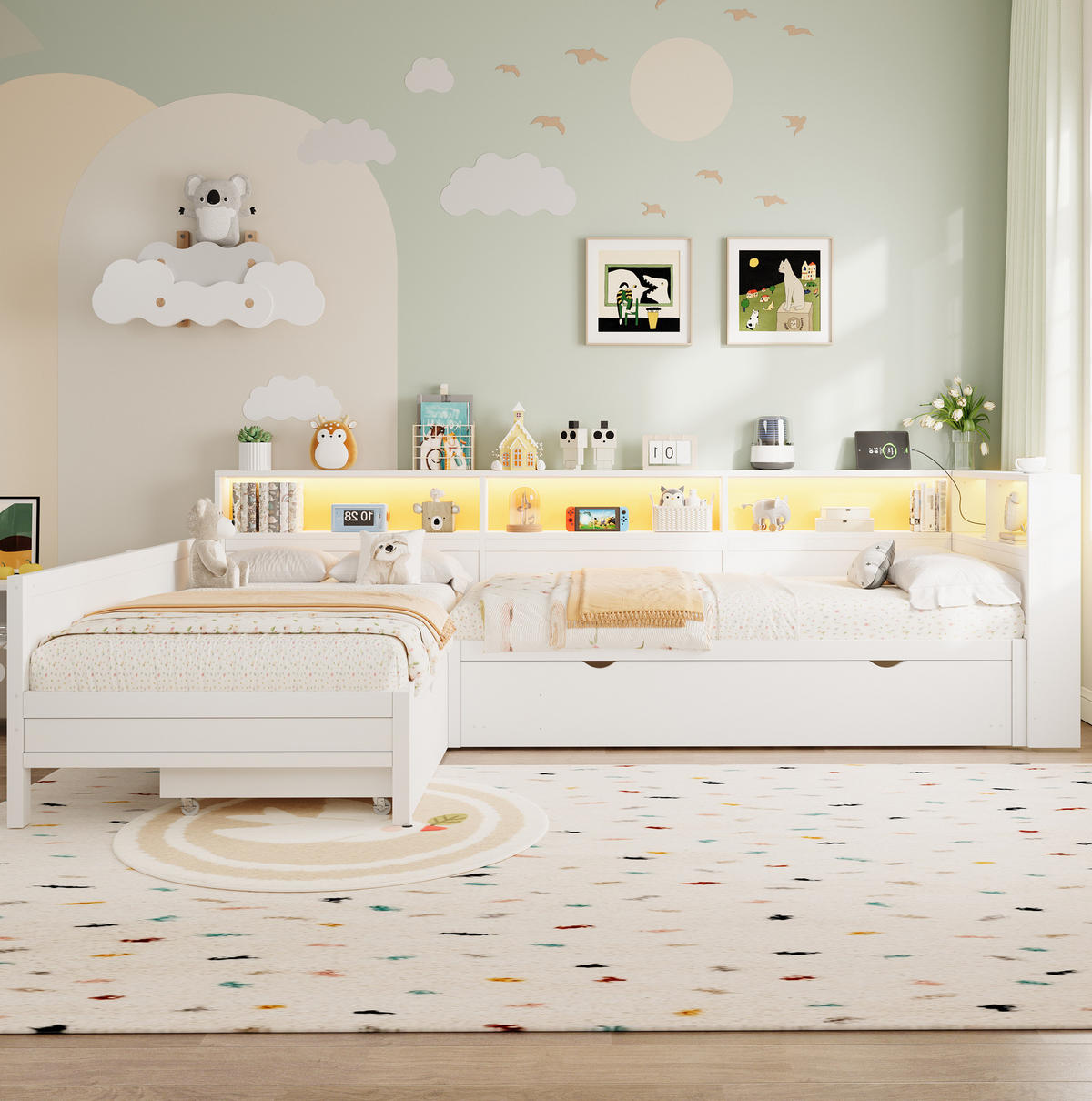 TAGESBETT 90/200 cm aus MDF und Sperrholz mit Ausziehbett, LED und Ladestation, Weiß - Weiß, Holzwerkstoff (90/200cm) - Redom