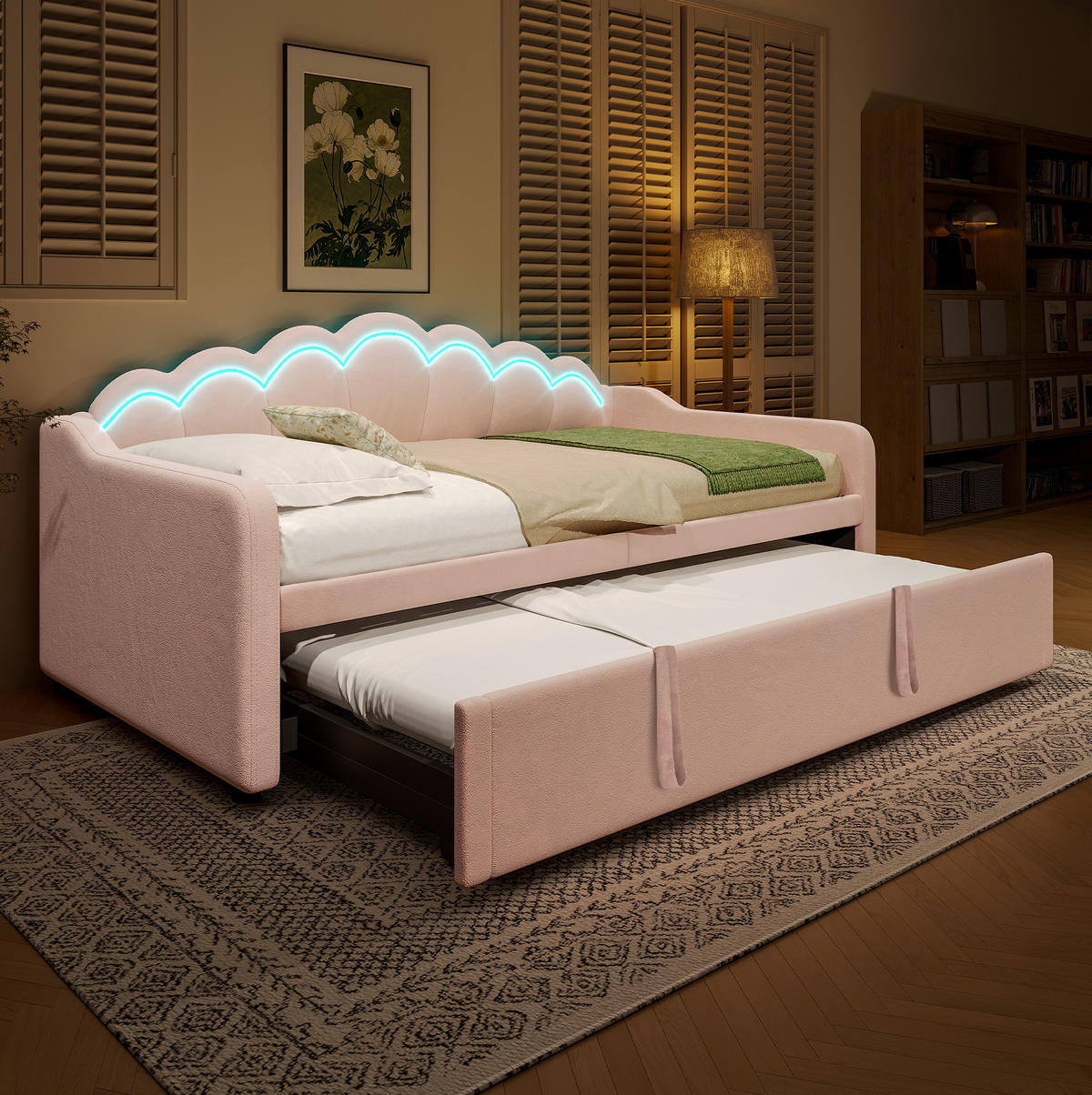 TAGESBETT 180/200 cm rosa aus Samt mit Ausziehbett und LED - Rosa, Textil (90/200cm) - OKWISH