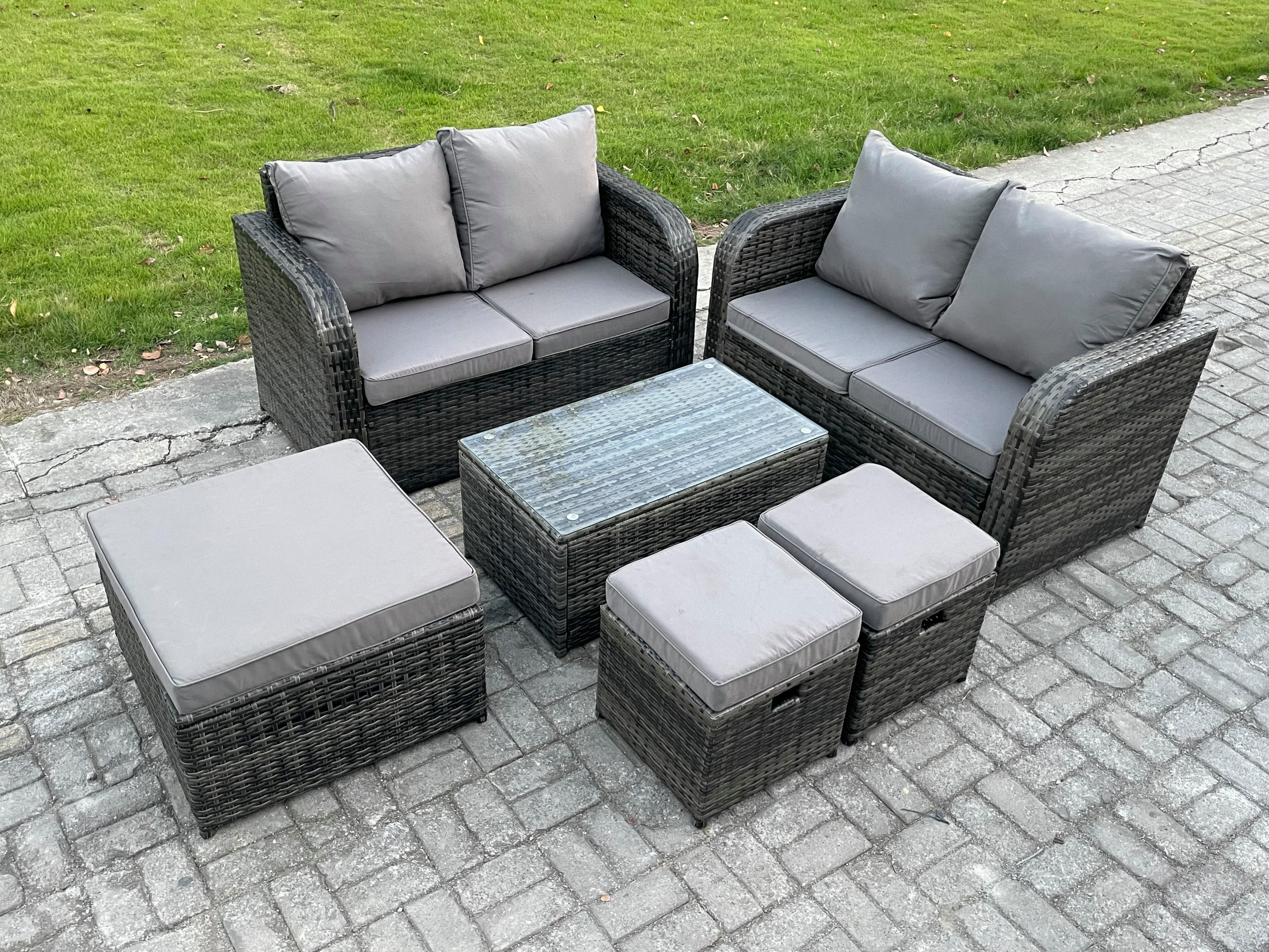 GARTENMÖBELGARNITUR mit KISSEN Polyrattan Dunkelgrau 7-Sitzer - Dunkelgrau/Grau, Glas/Kunststoff - Fimous
