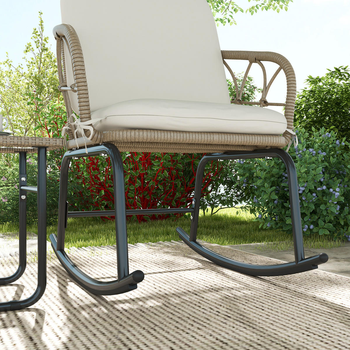 3-TEILIGES Schaukelstuhl-Set mit Tisch Rattan & Glasplatte - Beige, Metall - Modfu