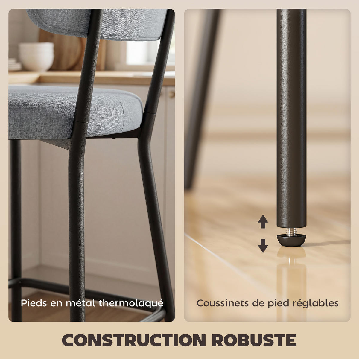 BARHOCKER 2er-Set DE-14821 gepolstert mit gebogener Rückenlehne Grau - Hellgrau, Metall (49/93/53cm) - ComfortXL