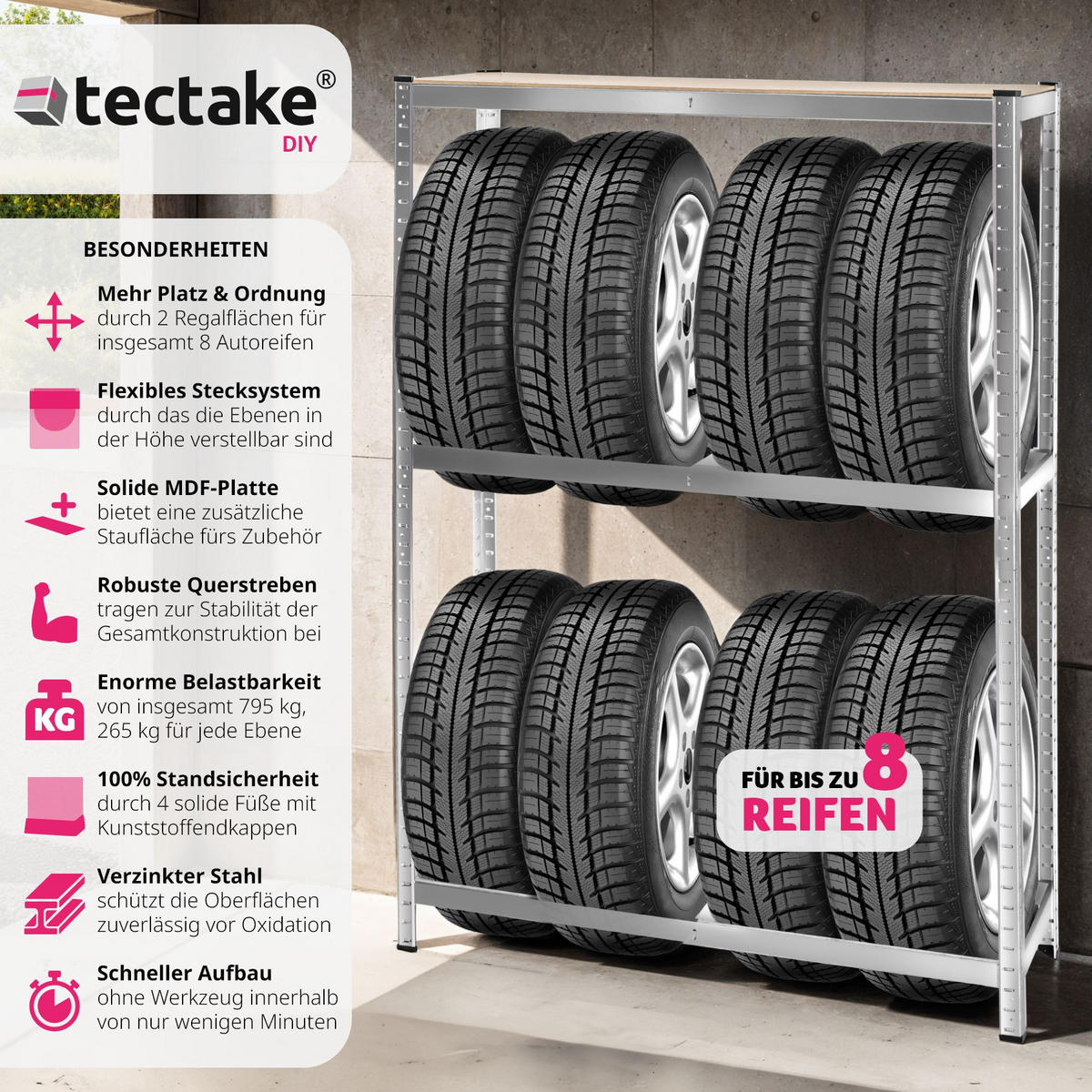 REIFENREGAL ,120 x 40 x 180 cm,grau - Grau, Metall (40/180/120cm) - tectake