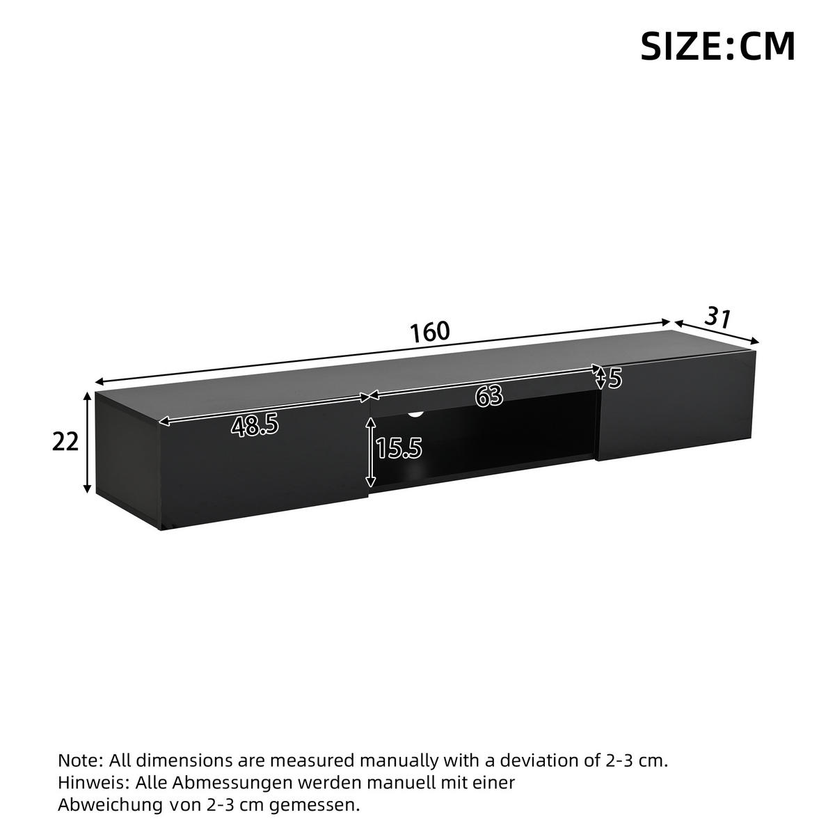 TV-SCHRANK 160cm LED Hängeschrank Wandmontiert Schwarz Lowboard - Schwarz, Holzwerkstoff (160/22/31cm) - FLIEKS