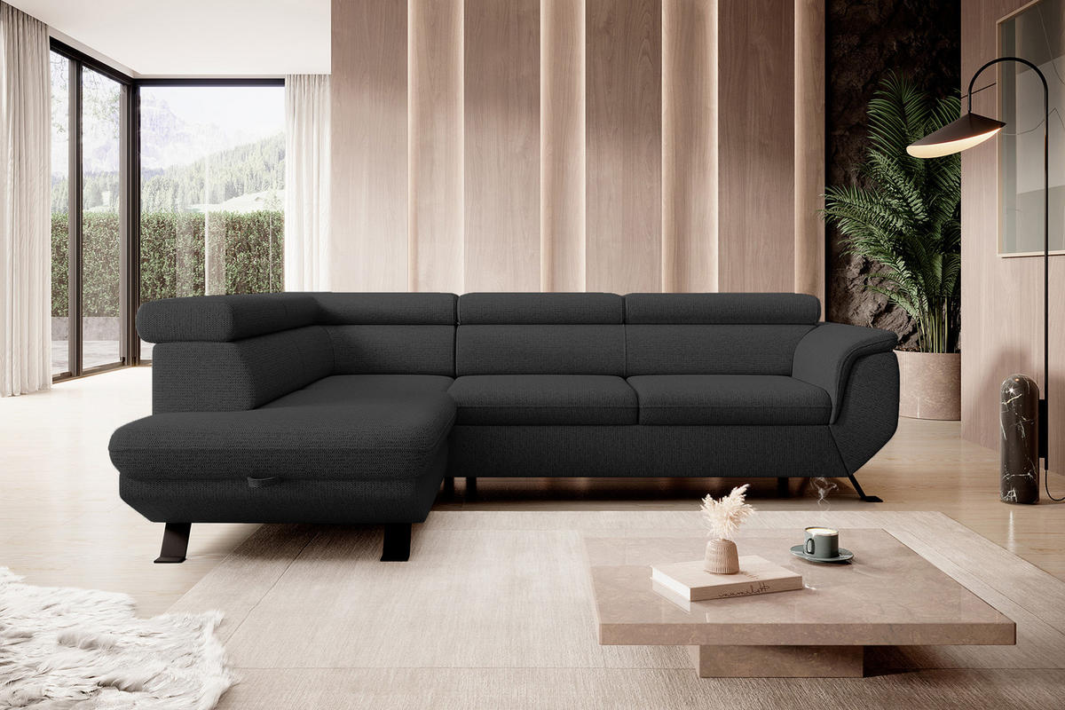 ECKSOFA RAVEN L mit Schlaffunktion und Bettkasten, Freistehend, Polstersofa mit Verstellbaren Kopfstützen, 257x198x96 cm, Linke, Schwarz - Schwarz, Holz/Textil (198/256cm) - DomoHome