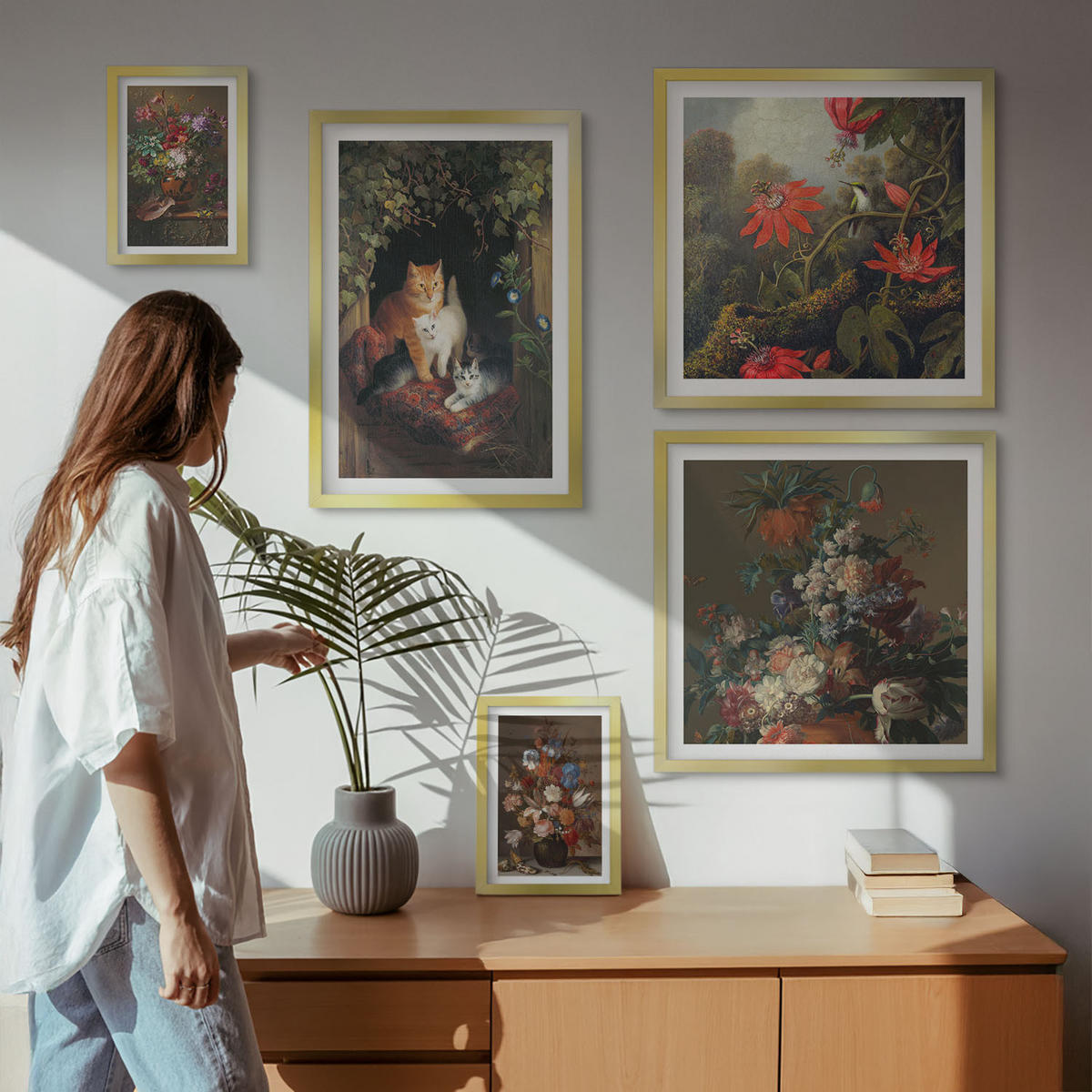 WANDBILDER 5er Set - 50x50 cm & 20x30 cm & 40x60 cm Goldrahmen - Vintage-Blumen, Katzen, Pflanzen - Goldfarben, Kunststoff (40/60cm) - ArtPrintCave