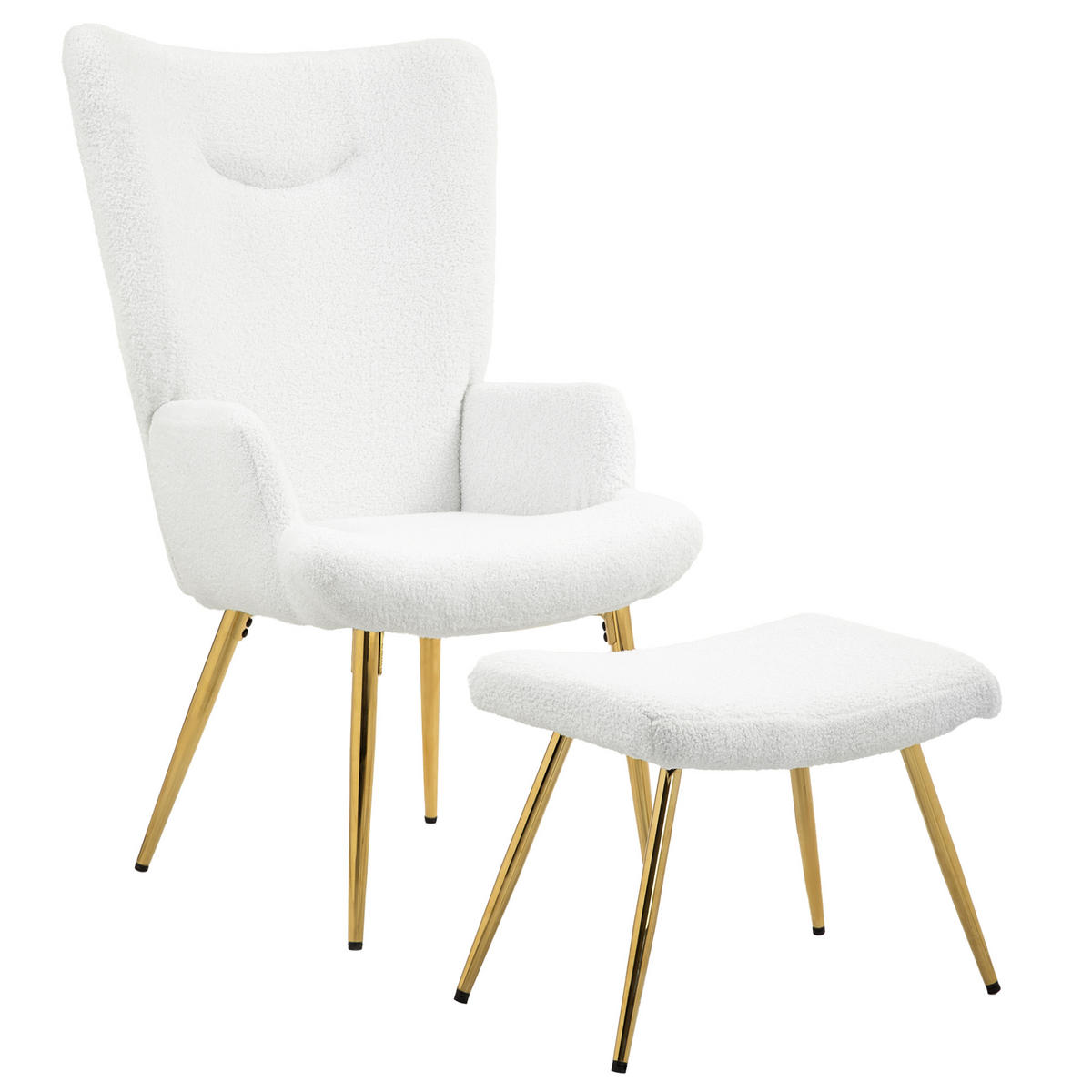 OHRENSESSEL mit Hocker, Sessel mit Sherpa-Bezug, Hohe Rückenlehne, Weiß - Weiß, Kunststoff (68/111/73cm) - HOMCOM