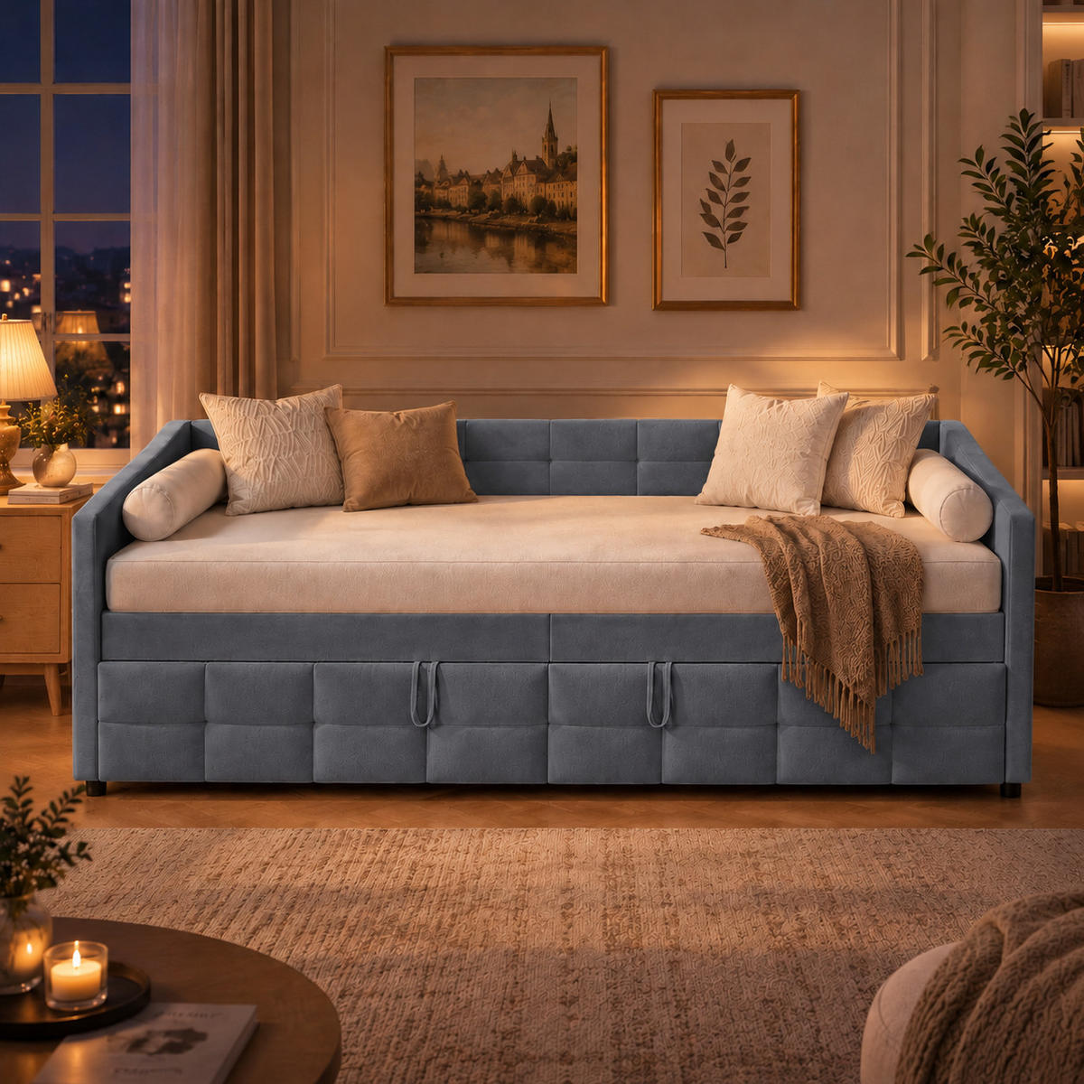 SCHLAFSOFA mit Ausziehfunktion und Stauraum, Polstersofa - Grau, Metall (193.5/75/215cm) - Joyfair