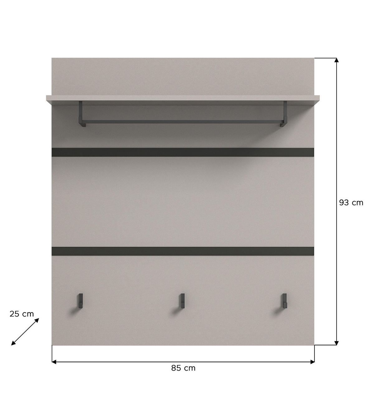 GARDEROBENPANEEL grau, schwarz 85 cm, Wandgarderobe mit Kleiderstange - Schwarz/Grau, Holzwerkstoff/Metall (85/93/25cm) - Inn.Furn