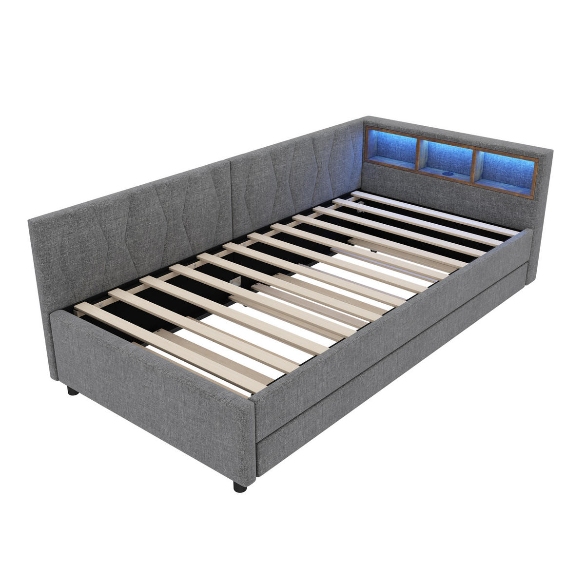 POLSTERBETT 90/200 cm mit LED-Beleuchtung, USB-C und ausziehbarem Gästebett - Grau, Textil (90/200cm) - BEAOK