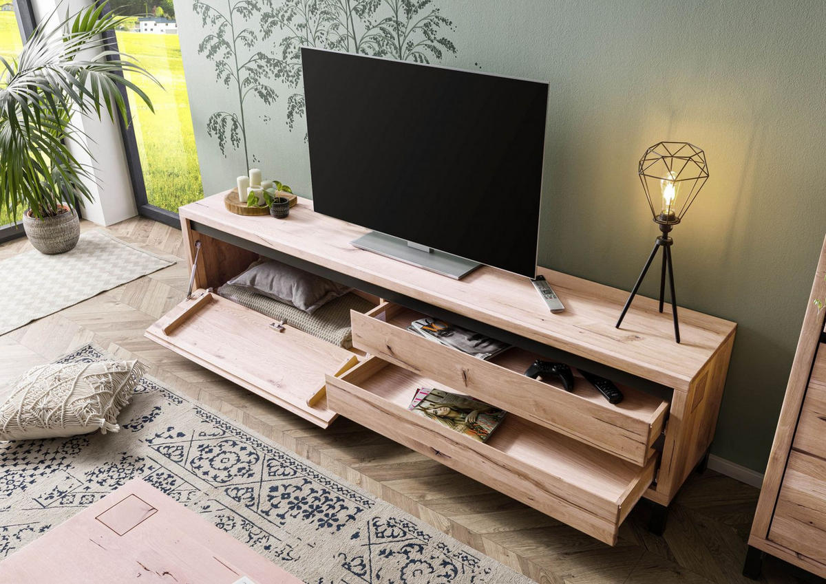 TV-BOARD Wildeiche 220x40x56 bianco geölt VILLANDERS #254 - Beige, Holz (220/56/40cm) - Massivmoebel24