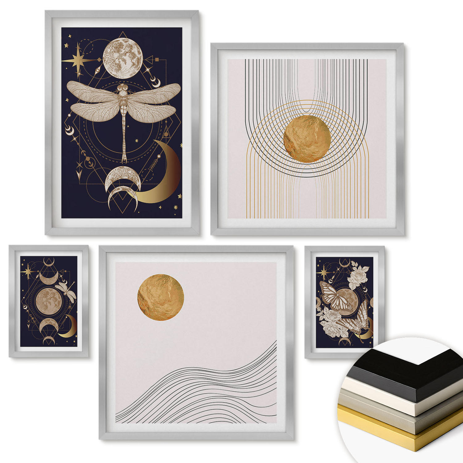 WANDBILDER 5er Set - 50x50 cm & 20x30 cm & 40x60 cm Silberner Rahmen - Naturmotive mit dem Mond - Silberfarben, Kunststoff (40/60cm) - ArtPrintCave
