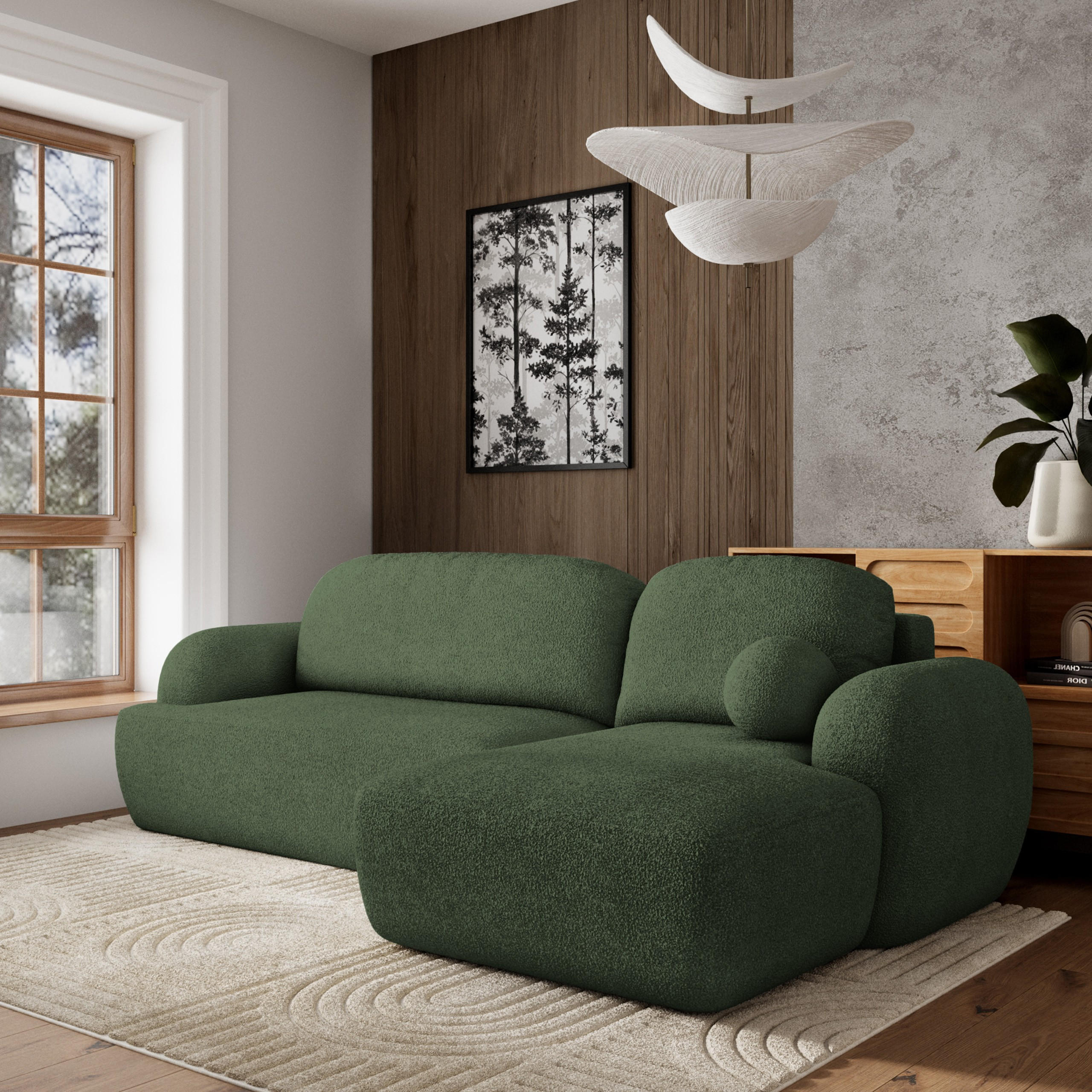 ECKSOFA MODENZA N R-S Grün Boucle-Stoff mit Schlaffunktion - Grün, Holz (266/148cm) - MASSENO