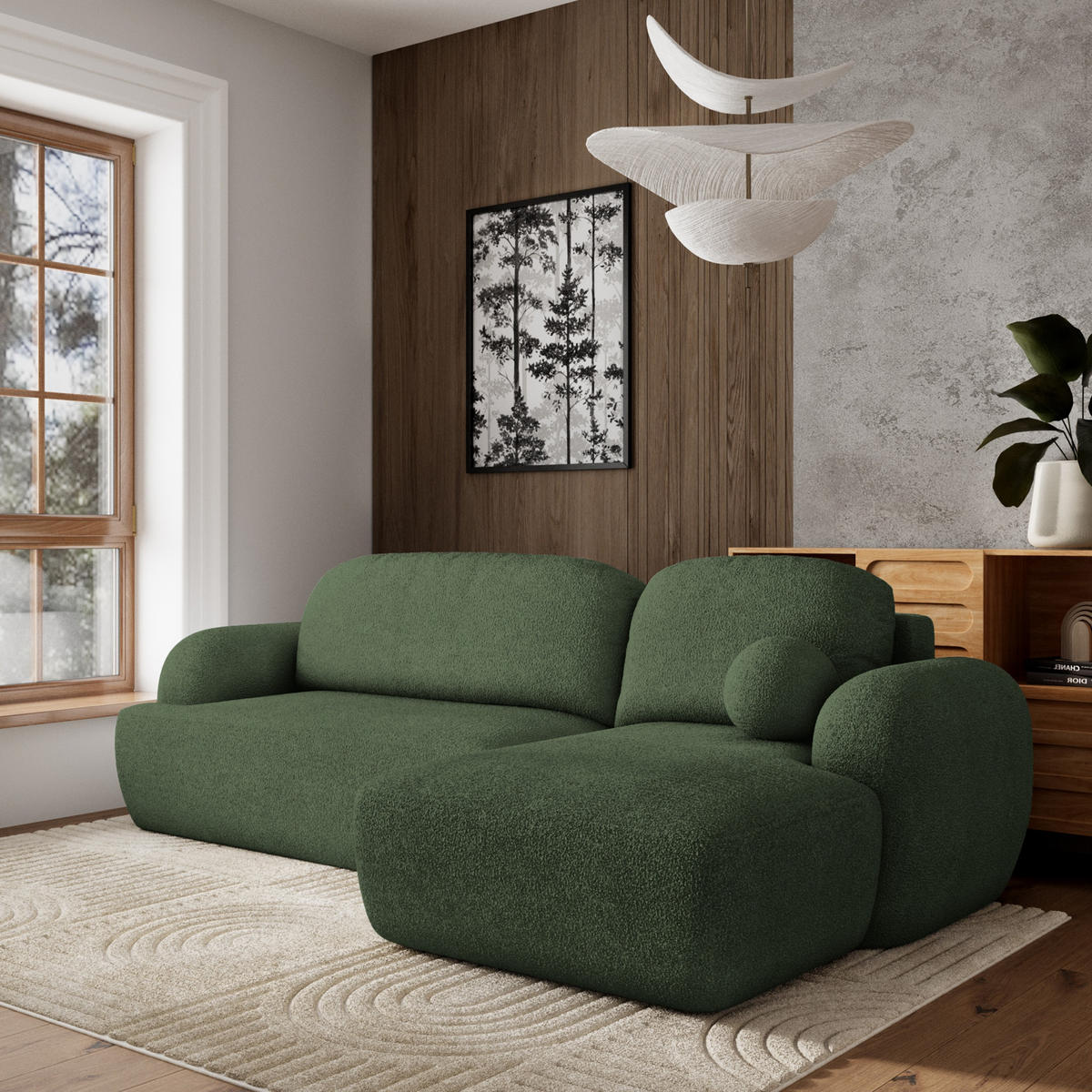 ECKSOFA MODENZA N R-S Grün Boucle-Stoff mit Schlaffunktion - Grün, Holz (266/148cm) - MASSENO