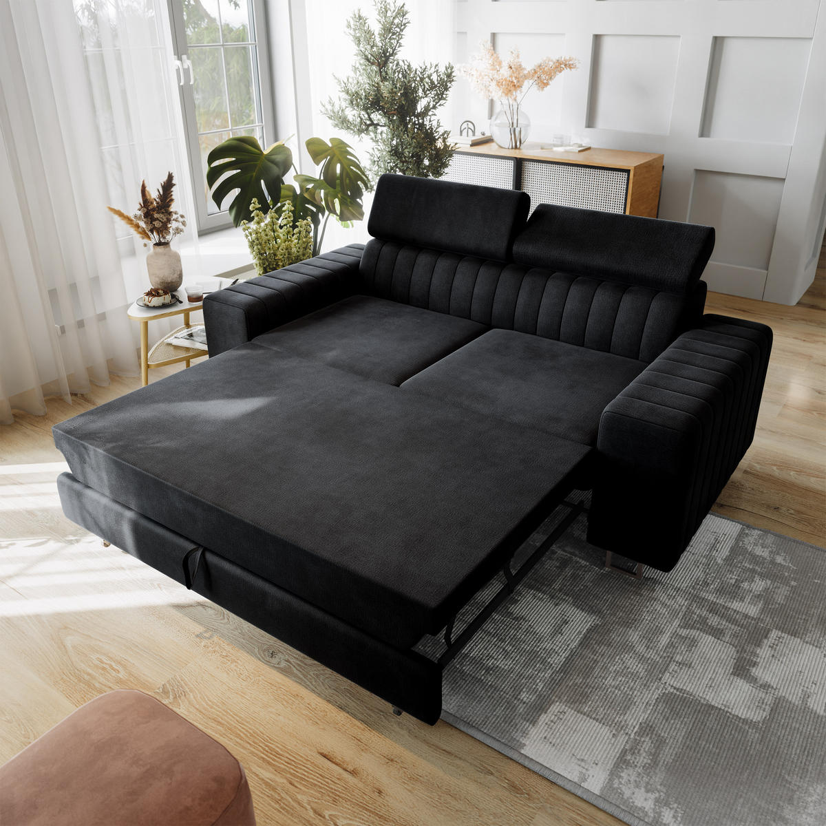BETTSOFA SOLAN Schwarz Velours-Stoff mit Schlaffunktion - Schwarz, Holz/Textil (194/88/90cm) - MASSENO