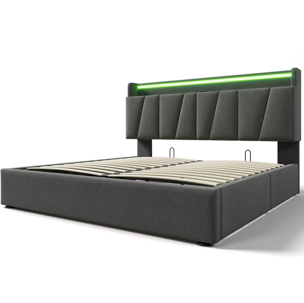 POLSTERBETT 160/200 cm Grau aus Leinen mit Stauraum-Kopfteil und LED-Beleuchtung - Grau, Textil (160/200cm) - OKMYHOME