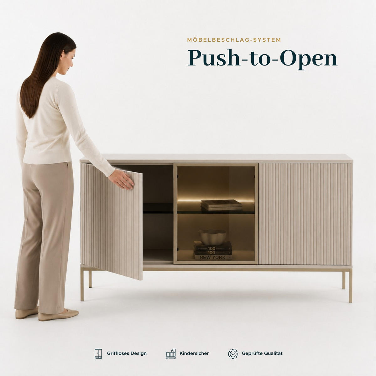 SIDEBOARD Laval K154 – Kaschmir mit Lamellen - Kaschmir, Glas/Holzwerkstoff (154/83/39cm) - Komodee