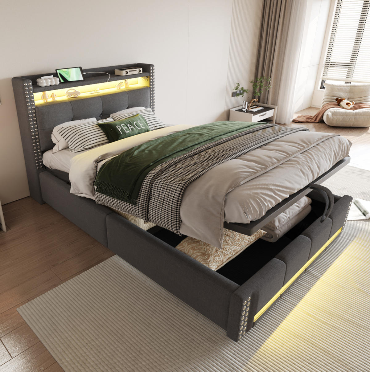 POLSTERBETT aus Leinenstoff 90x200 cm Grau mit LED-Beleuchtung, USB-Anschluss und Stauraum - Grau, Textil (90/200cm) - IVMEU