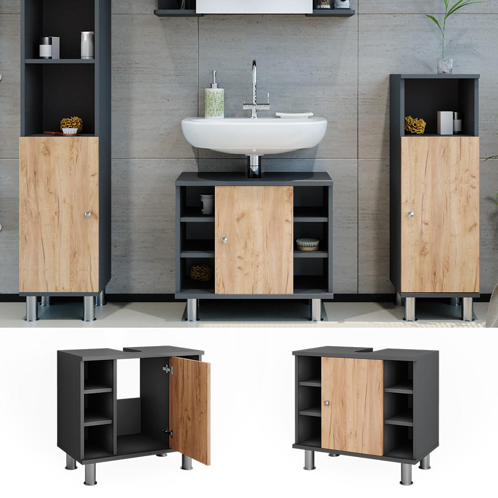 WASCHBECKENUNTERSCHRANK Fynn Anthrazit/Goldkraft Eiche 60 x 54 cm mit 6 Ablage - Honigeiche/Anthrazit, Holzwerkstoff (60/54/32cm) - Vicco
