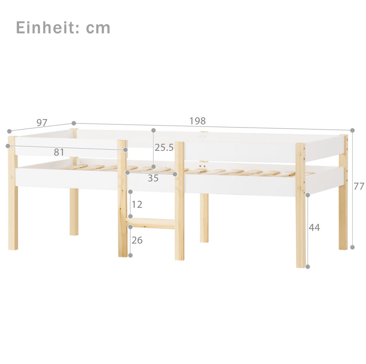 HALBHOHES Kindereinzelbetten aus Massivholz 90x190 cm in Weiß mit Rausfallschutz - Weiß, Holz (90/200cm) - Modfu
