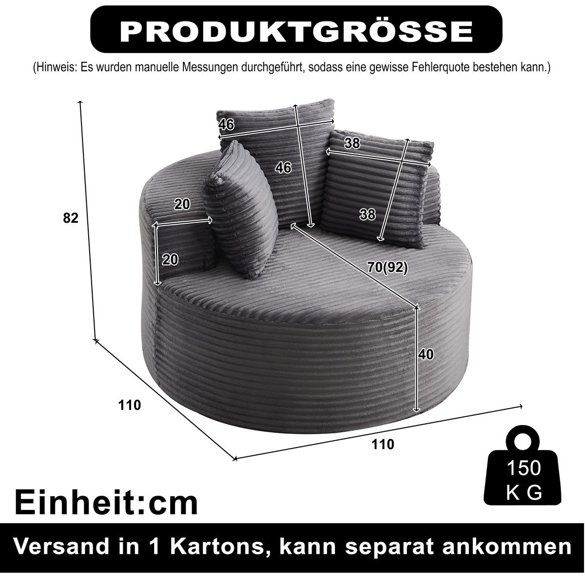 SESSEL DE-34516 minimalistisch mit 3 Kissen Grau - Grau, Textil (110/82/110cm) - ComfortXL