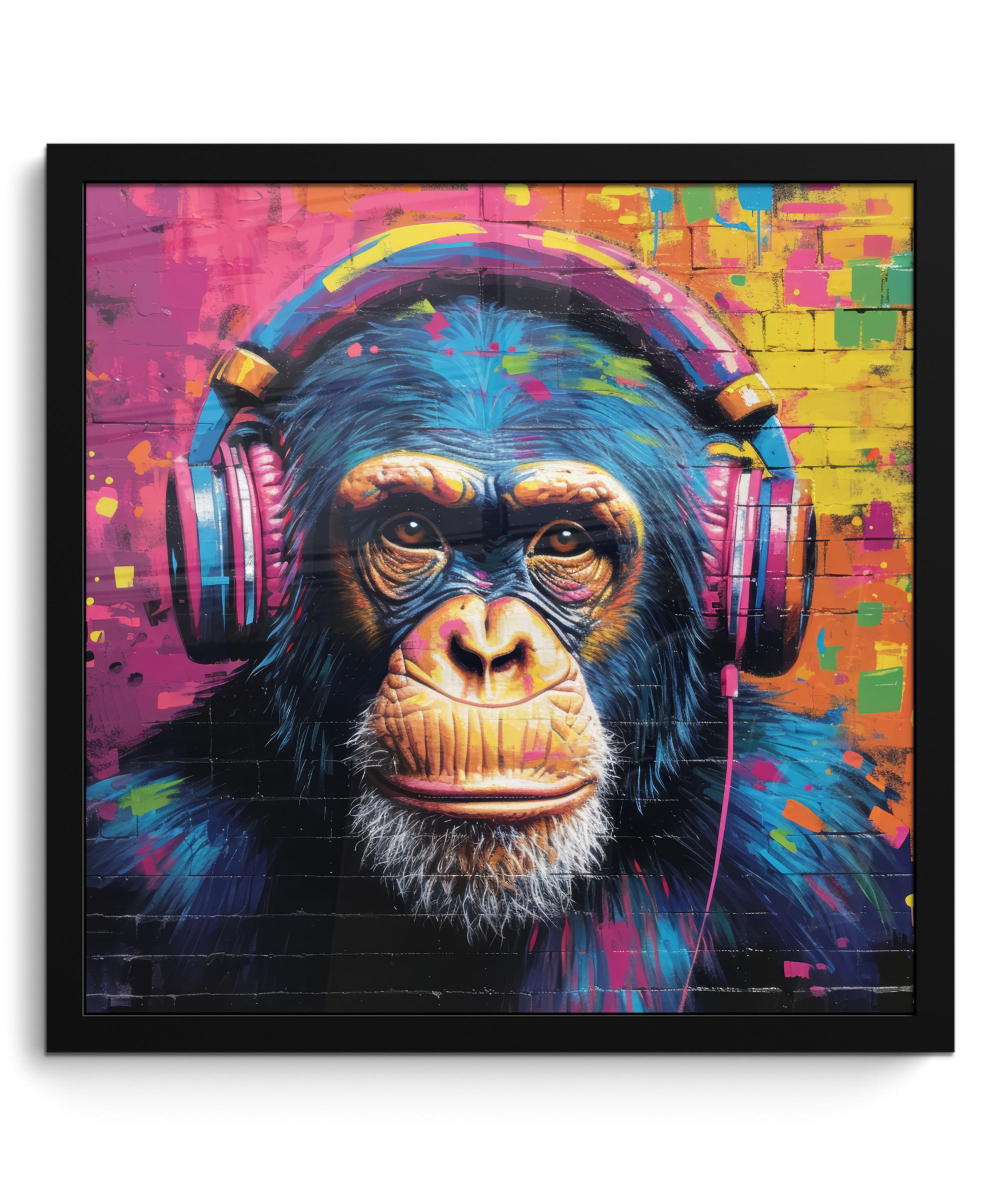 POSTER MIT RAHMEN Graffiti - Schimpanse - Straßenkunst - Kopfhörer - Affe 40x40 cm - Blau, Papier (40/40cm) - MuchoWow