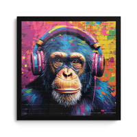 POSTER MIT RAHMEN Graffiti - Schimpanse - Straßenkunst - Kopfhörer - Affe 40x40 cm - Blau, Papier (40/40cm) - MuchoWow