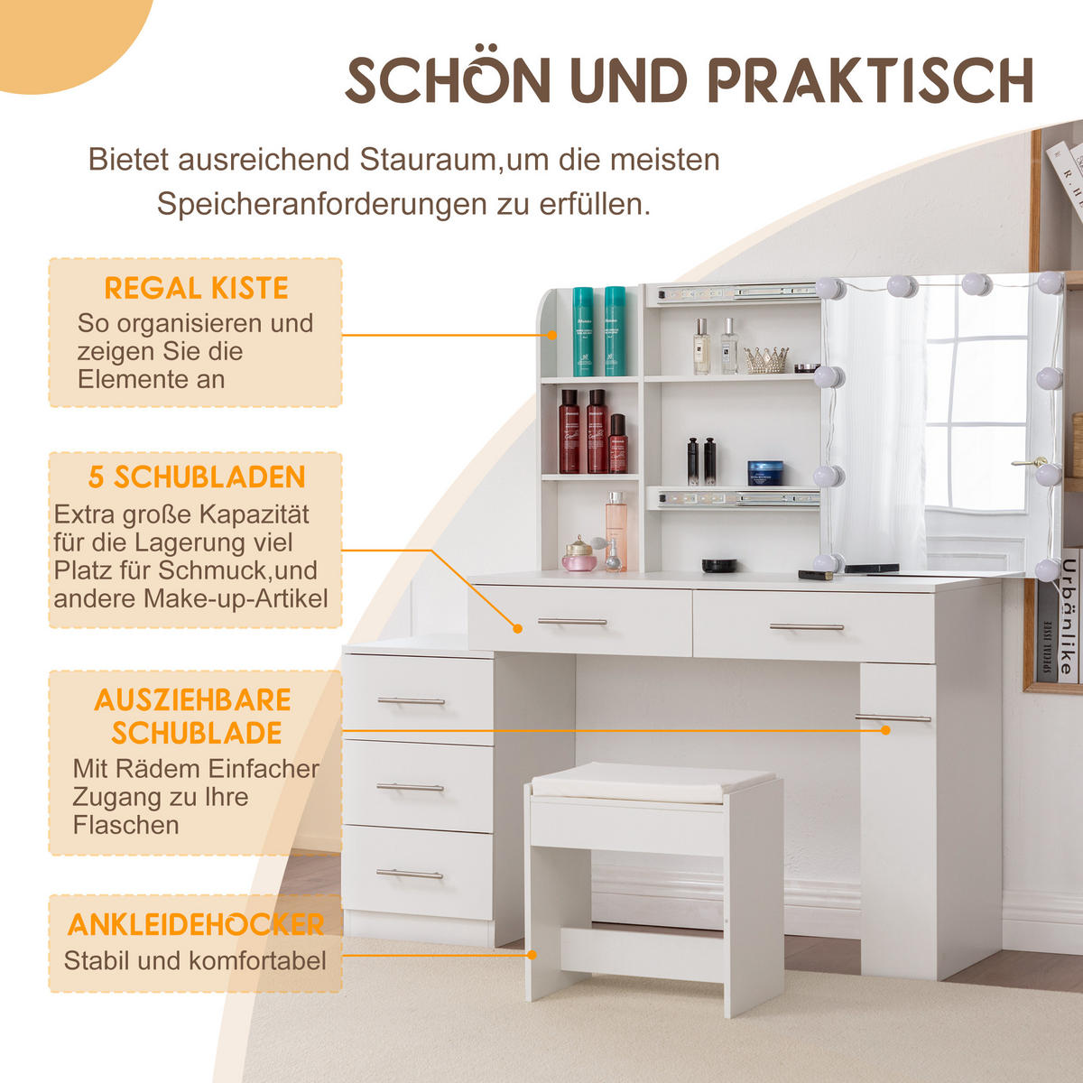 SCHMINKTISCH 40,5/100/136 cm Weiß 10 LEDs mit Spiegel Stauraum aus MDF - Weiß, Holzwerkstoff (40.5/136/100cm) - OKWISH