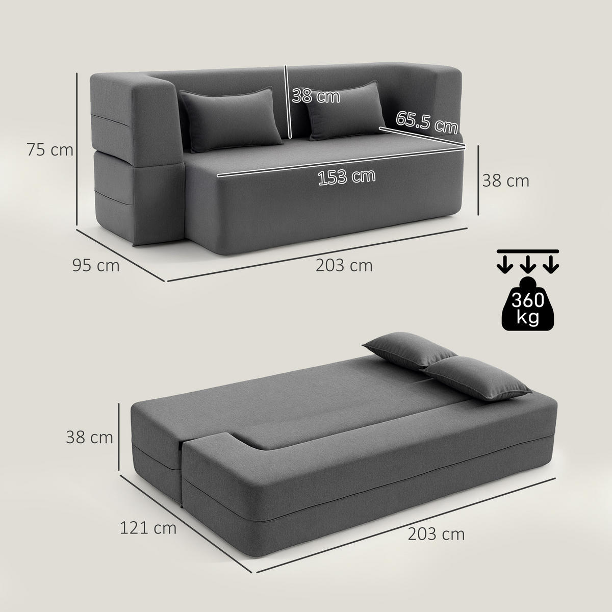 SCHLAFSOFA 2-Sitzer DE-08237 aus Schaumstoff, breite Armlehnen, Grau - Grau, Textil (203/75/95cm) - ComfortXL