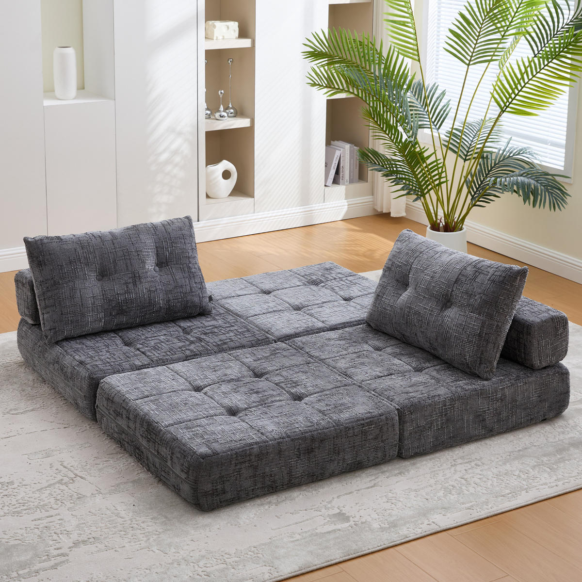 ROZKLÁDACÍ pohovka šedá z žinylky s opěrkou hlavy a bederním polštářem - šedá, textil (79/57/79cm) - OKWISH