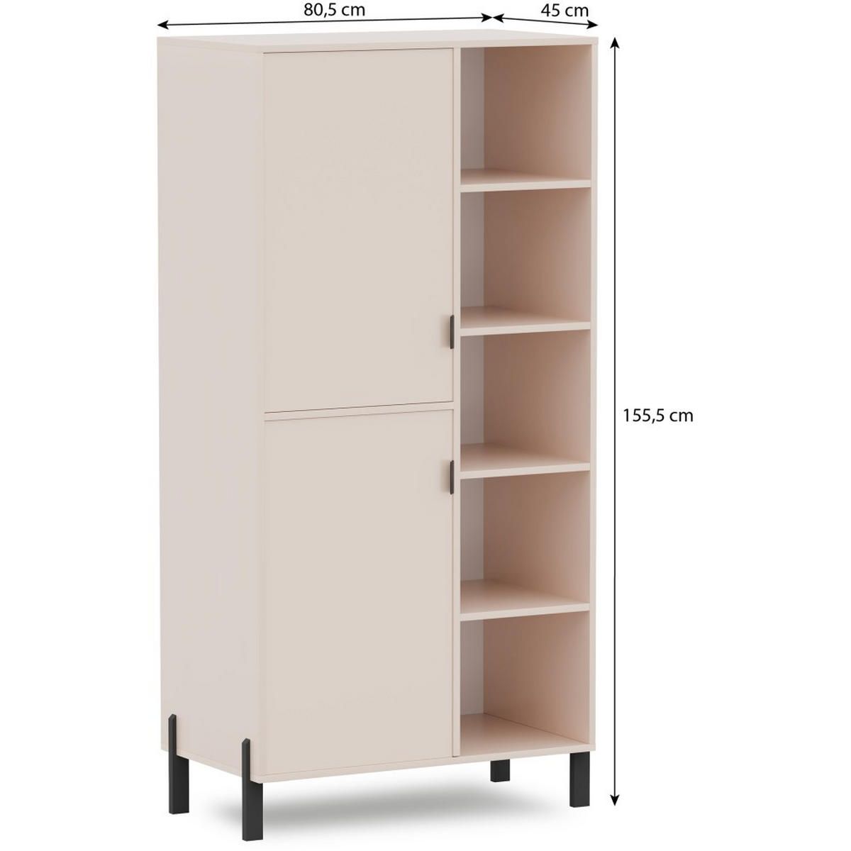 BÜCHERREGAL Cortina mit 2 Türen und 4 offenen Regalen, links, Sandbeige - Sandfarben/Schwarz, Holzwerkstoff (80.5/155.5/45cm) - Beautysofa