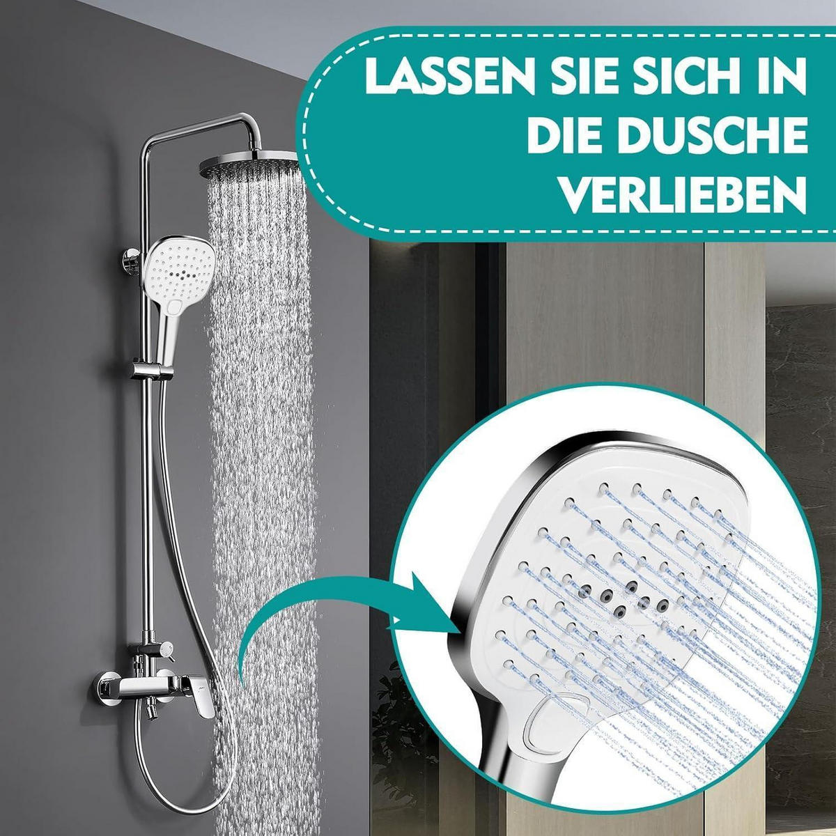 HANDBRAUSE mit 3 Strahlarten 120 cm Duschplatte Wassersparend - Silberfarben, Kunststoff (12/12.7/25cm)