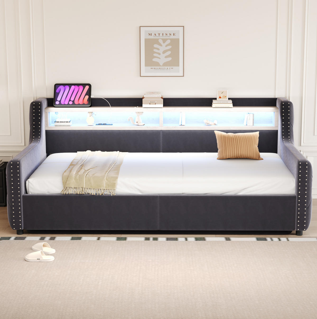 SCHLAFSOFA 90/200 cm mit LED, Stauraum, Ablage, Steckdose und USB-C, Samt mit Lattenrost, Dunkelgrau - Dunkelgrau, Textil (104/81/216cm) - Redom