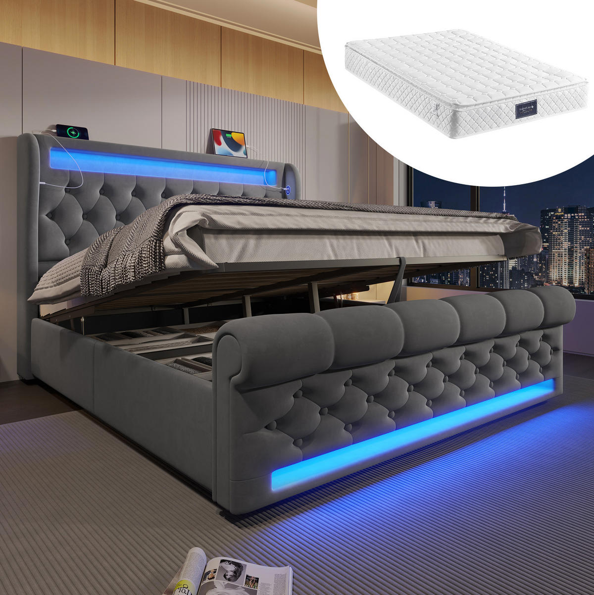 POLSTERBETT 140/200 cm Grau mit LED-Beleuchtung und Stauraum-Kopfteil aus Samt Mit Matratze - Grau, Textil (140/200cm) - OKWISH