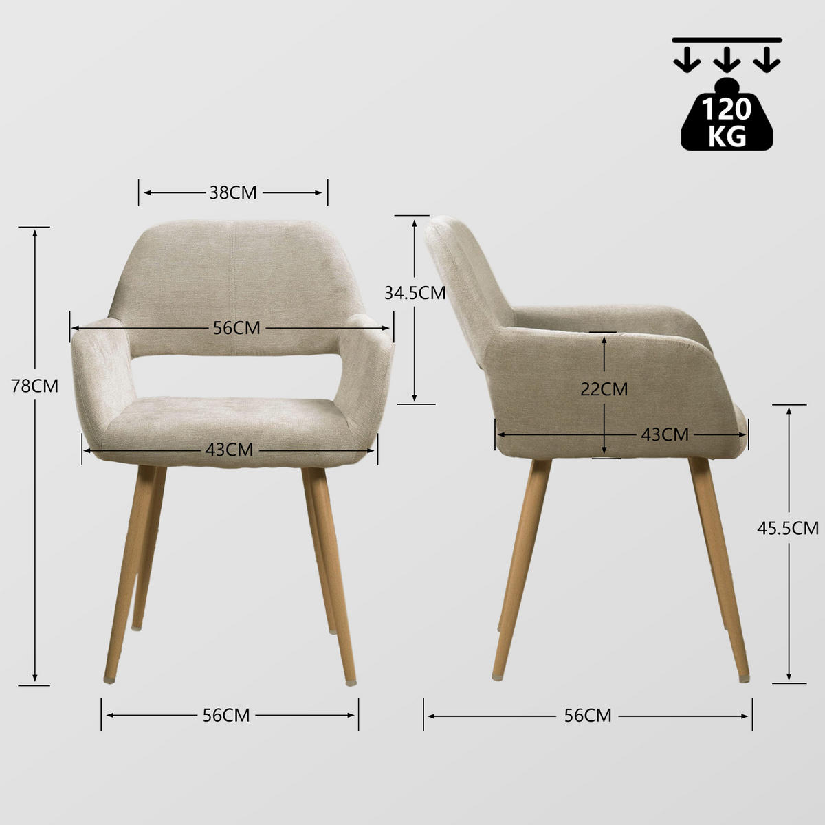 ESSZIMMERSTÜHLE 4er-Set, gepolsterte Sitzfläche aus Stoff, Metallbeine, Beige - Beige, Textil/Metall (54.5/78/53cm) - Meubles Cosy