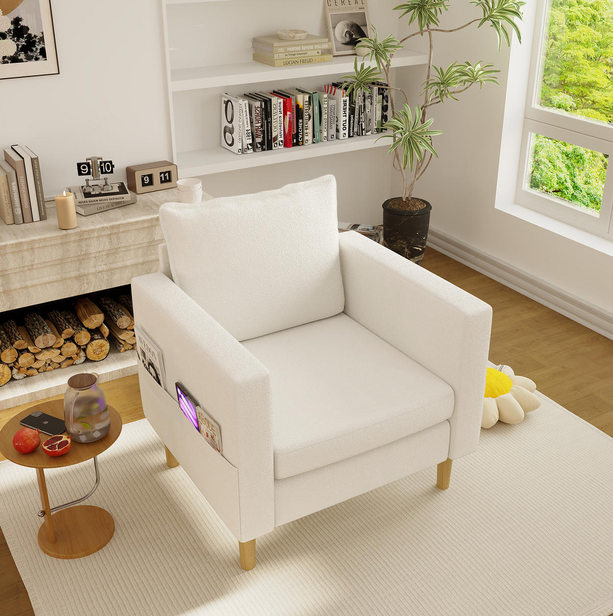 SESSEL 71/68/82 cm in Beige aus Chenille mit Seitentaschen - Beige, Textil (71/82/68cm) - BEAOK