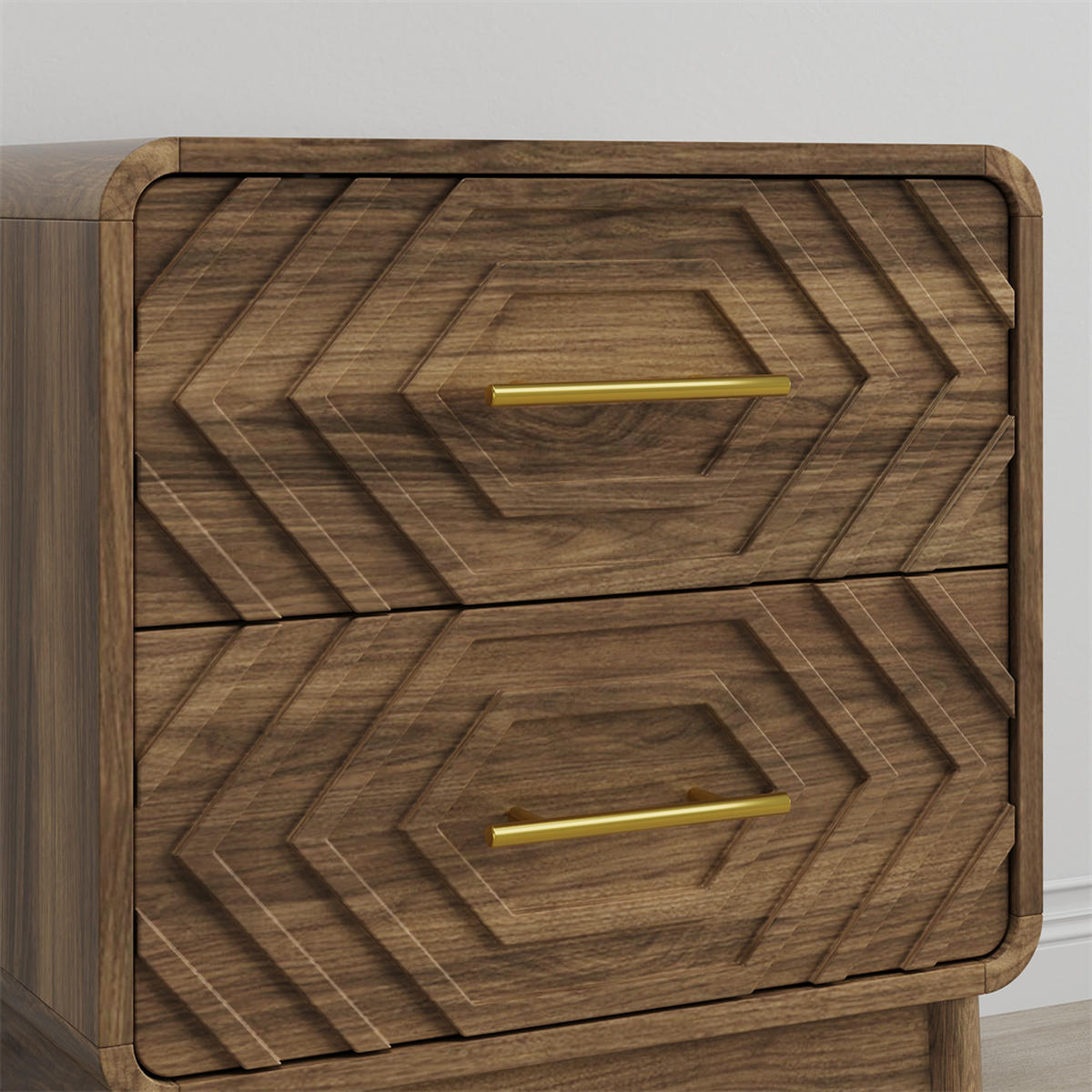 NACHTTISCH mit 2 Schubladen in Walnuss-Optik - Geometrischem 3D-Muster & Goldenen Griffen - Abgerundeten Ecken - Walnussfarben, Holzwerkstoff (38/56/48cm) - DELFA