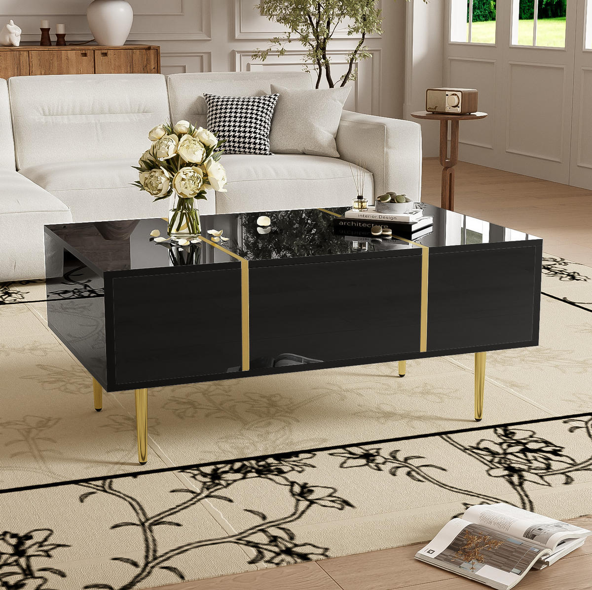 COUCHTISCH 100/60/41.5 cm schwarz aus MDF mit Hochglanz und 2 Schubladen - Schwarz, Holzwerkstoff (100/60/41.5cm) - OKMYHOME