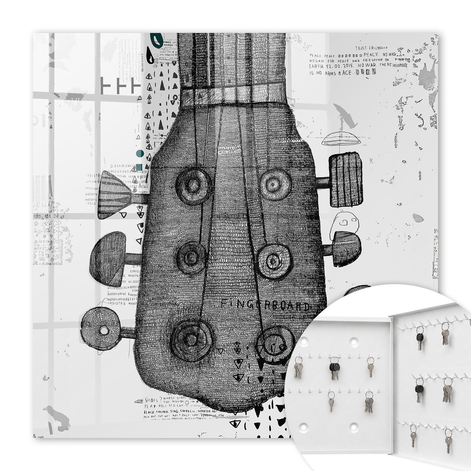SCHLÜSSELBOX Weiß 30x30 cm – Türöffnung nach rechts - Gitarrenillustration - Weiß, Metall (30/30/5cm) - TULUP