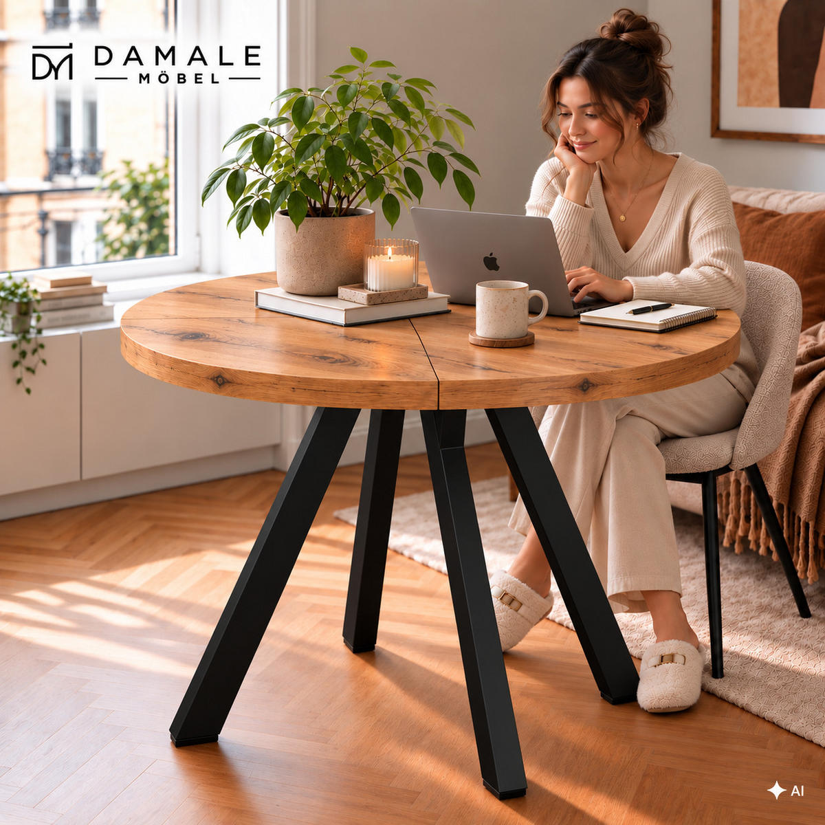 ESSTISCH rund ausziehbar 90/190/76 cm, Eiche Craft, 54 cm Tischplatte + Y Metallgestell Schwarz - Eichefarben/Schwarz, Holzwerkstoff/Metall (90/190/76cm) - Damale Möbel