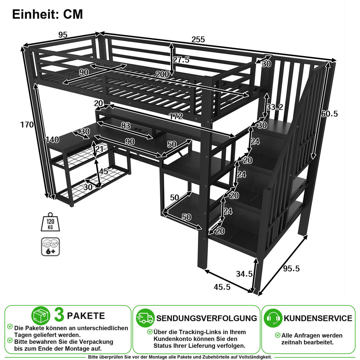 HOCHBETT 90/200 cm in Schwarz mit Stauraum, Schreibtisch, LED und USB - Schwarz, Holzwerkstoff/Metall (90/200cm) - CHICFURN