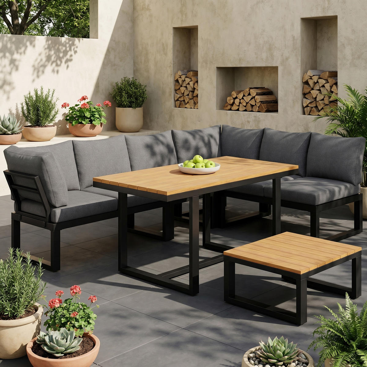GARTENLOUNGE-SET für 6 Personen Garten-Essgruppe Ecksofa mit verstellbarer Rückenlehne - Schwarz/Naturfarben, Textil/Metall - STILVORA