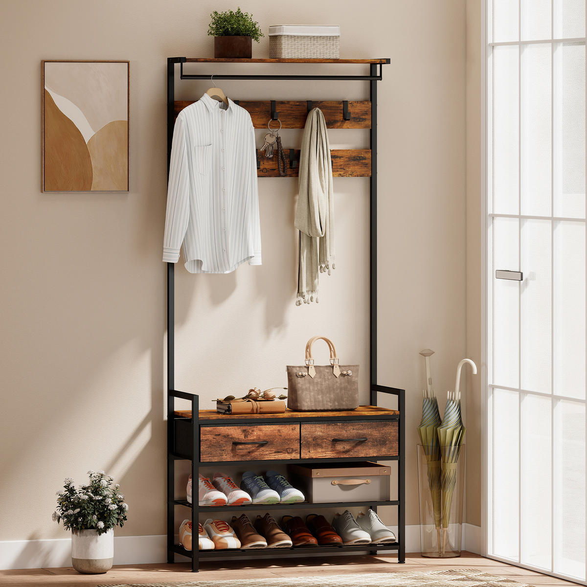 GARDEROBENSTÄNDER aus Spanplatte Rustikal Braun - Braun, Holzwerkstoff (30/181.5/80cm) - HOMCOM