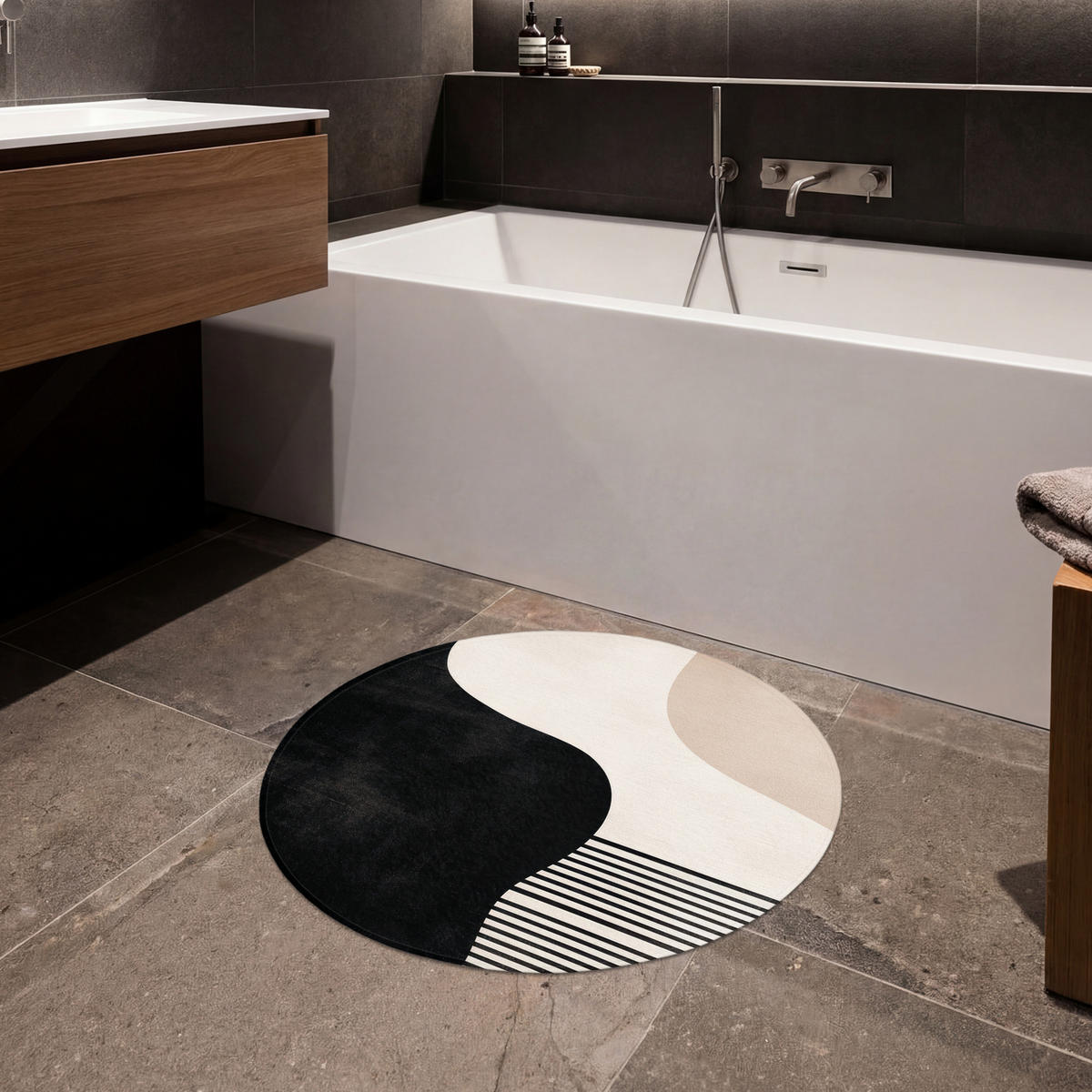 KÚPEĽŇOVÁ PREDLOŽKA Abstraktné - Japonské - Béžové - Moderné 70x70 cm - čierna/béžová, textil/plast (70/70cm) - OnlyWow