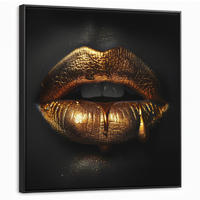 LEINWAND Bilder mit Rahmen - Frau - Porträt - Lippen - Gold - Schwarz - 90x90 - Schwarz, Textil (90/90cm) - MuchoWow