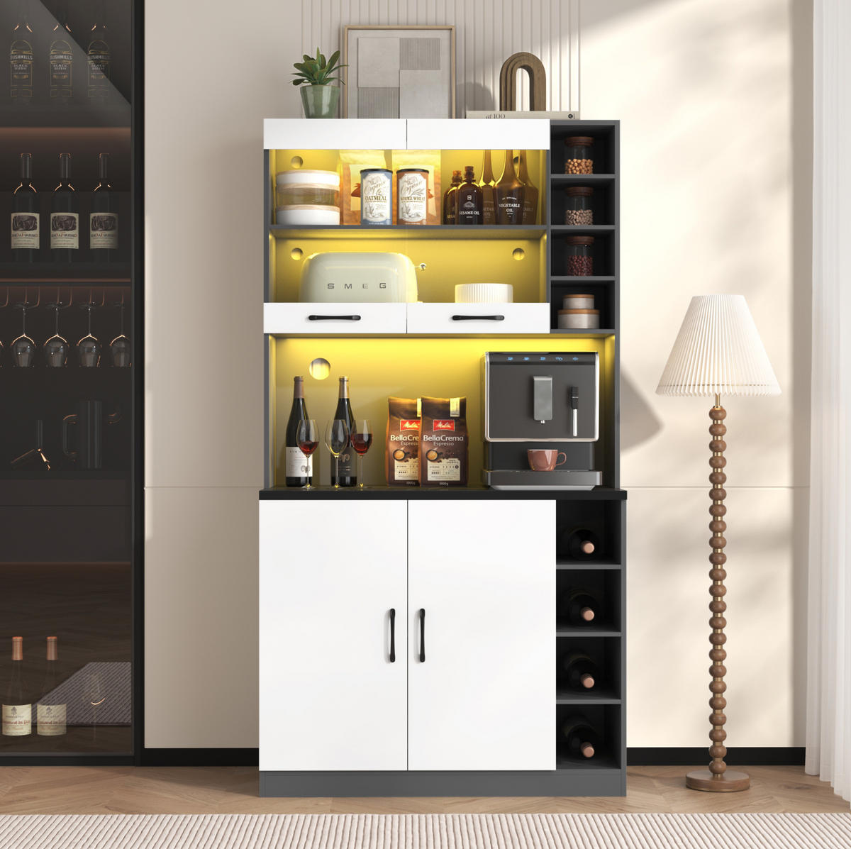 BUFFET 100/187/47 cm Grau/Weiß aus MDF mit LED-Beleuchtung - Weiß, Holzwerkstoff (47/187/100cm) - OKMYHOME