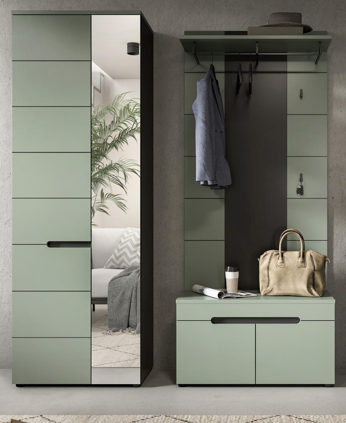 GARDEROBE-SET Salbei und Grau, 3-teilig, 160 x 190 cm, Soft-Close, Cooper - Salbeigrün/Schwarz, Holzwerkstoff/Kunststoff (160/190/37cm) - Inn.Furn