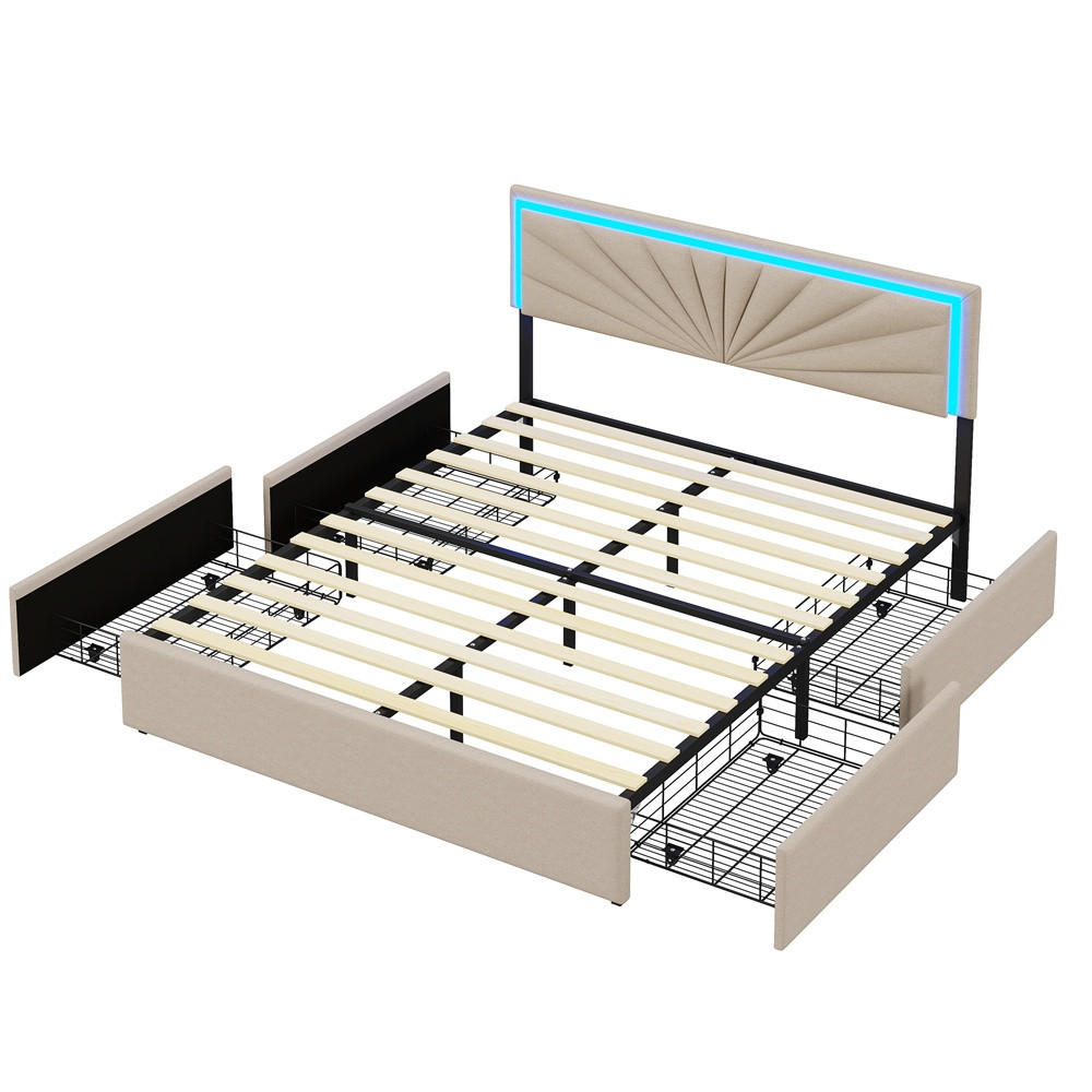 POLSTERBETT 160x200 cm - mit LED-Kopfteilbeleuchtung und 4 ausziehbaren schubladen - ohne Matratze - Beige - Beige, Textil (160/200cm) - DELFA